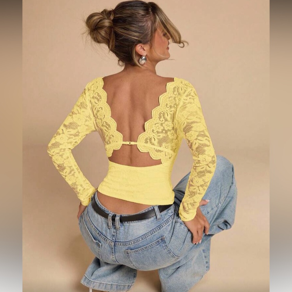 Yellow Lace Open-Back Long Sleeve Top